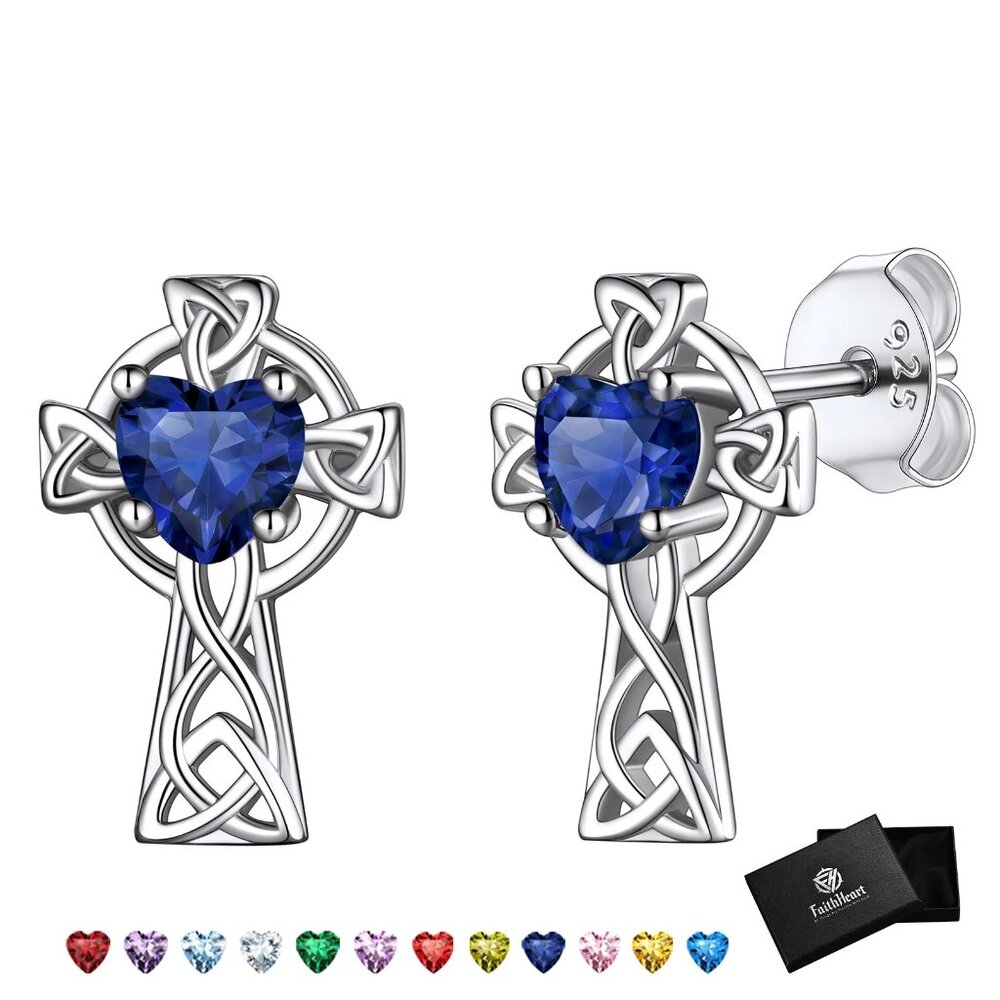Sapphire Celtic Trinity Cross Sterling Silver Earrings Gift Box New